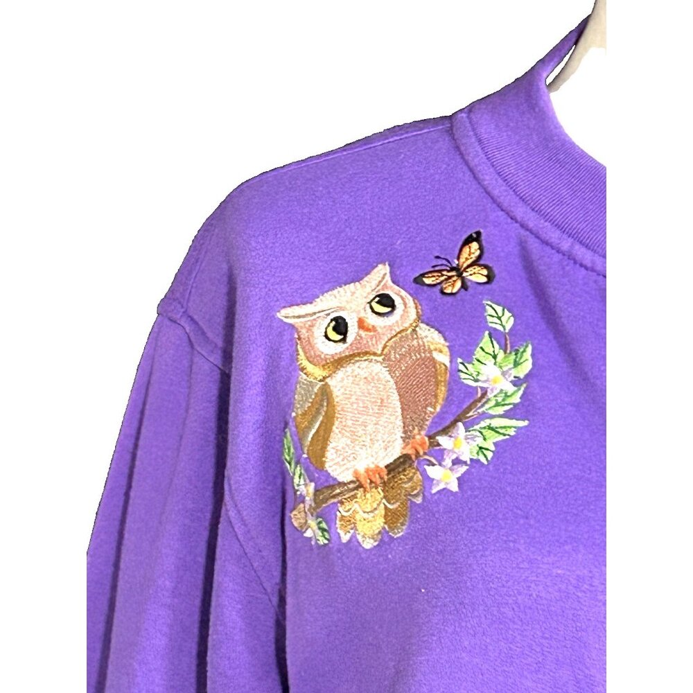 Vintage Tudor Court Women Large Fleece Jacket Embroidered Owls Purple Pockets - Picture 3 of 13